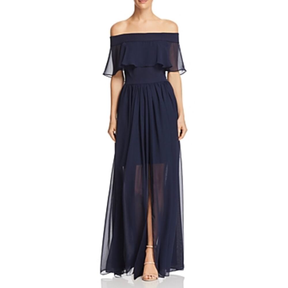 AQUA Sheer Chiffon Off the Shoulder Long A-Line Evening Gown Blue Size 4 Dress
